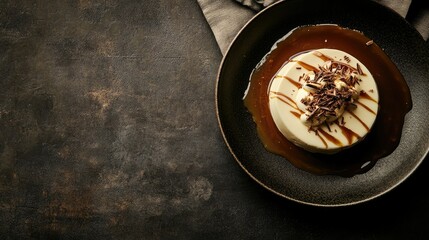Elegant panna cotta topped with chocolate shavings and caramel drizzle, served on a chic plate with space for text on a dark background.