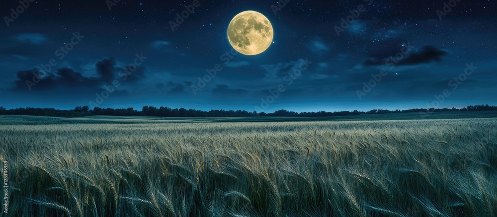 Poster wheat field under a luminous full moon casting enchanting light on golden stalks against a deep blue