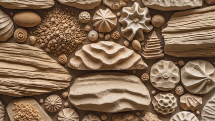 Textured wall of beige and cream stone shapes in various patterns arranged in a grid format with natural elements and fine details