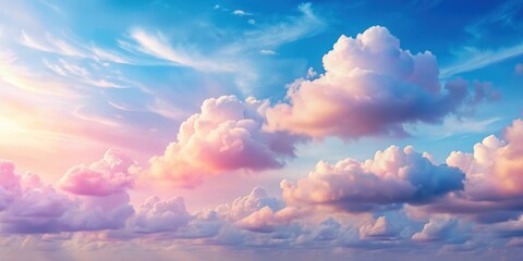Soft pink clouds float across a serene blue sky with gentle hints of warm sunlight filtering through, creating an ethereal and peaceful atmosphere , cloud formations, dreamy