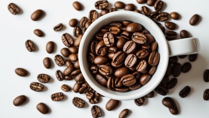 Obraz premium Coffee beans in white cup with scattered beans on a white surface top view close-up