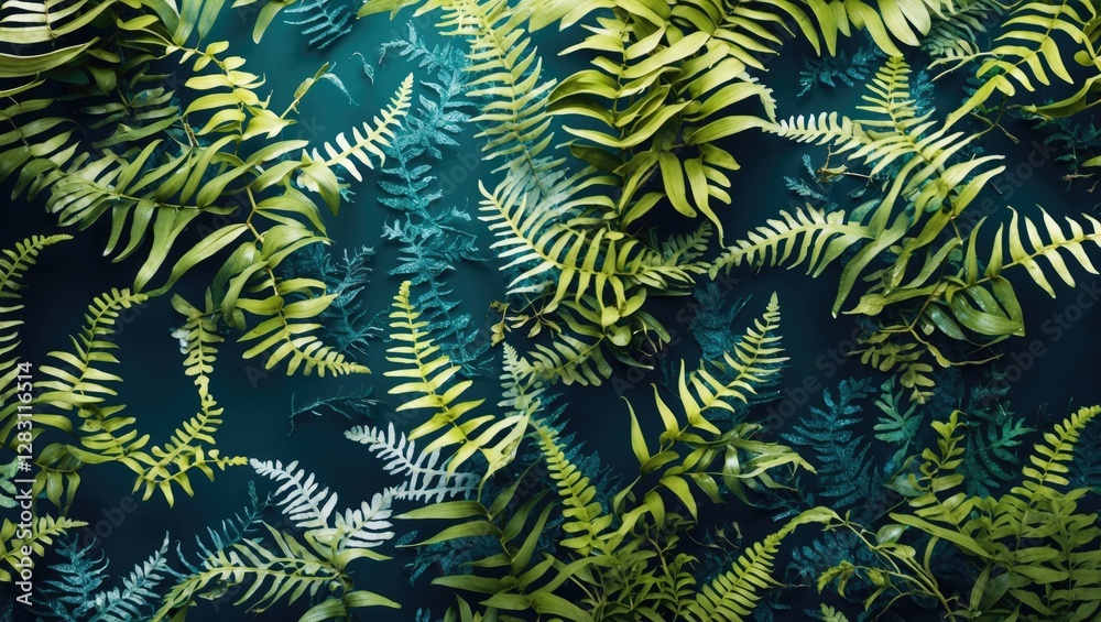 Wall mural green ferns and leaves pattern on dark background for botanical and nature themed design application