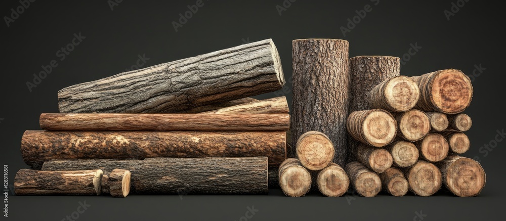 Aufkleber natural wooden logs variety stacked in a horizontal arrangement with textured bark in earthy browns 