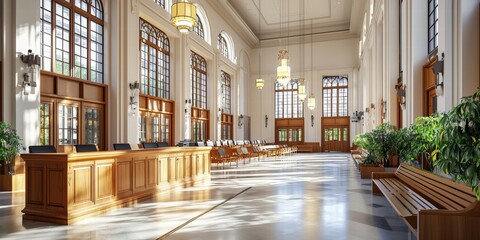 A grand empty courtroom featuring ornate wooden benches, a high judge’s bench, and a vast empty floor. The room is bathed in soft, warm light.