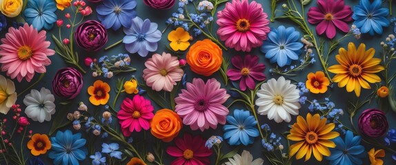 Colorful array of assorted artificial flowers on a flat surface with greenery and vibrant petals arranged in a harmonious pattern