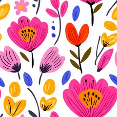 Vibrant Floral Pattern Featuring Various Flowers in Pink, Orange, and Yellow Hues on a White Background