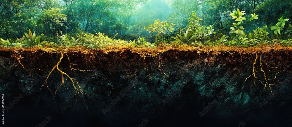 Poster vibrant forest floor image showcasing lush green vegetation and intricate brown roots with a soft li