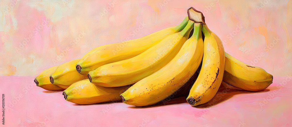 Aufkleber fresh ripe bananas arranged in a cluster on a soft pink background with pastel hues highlighting the