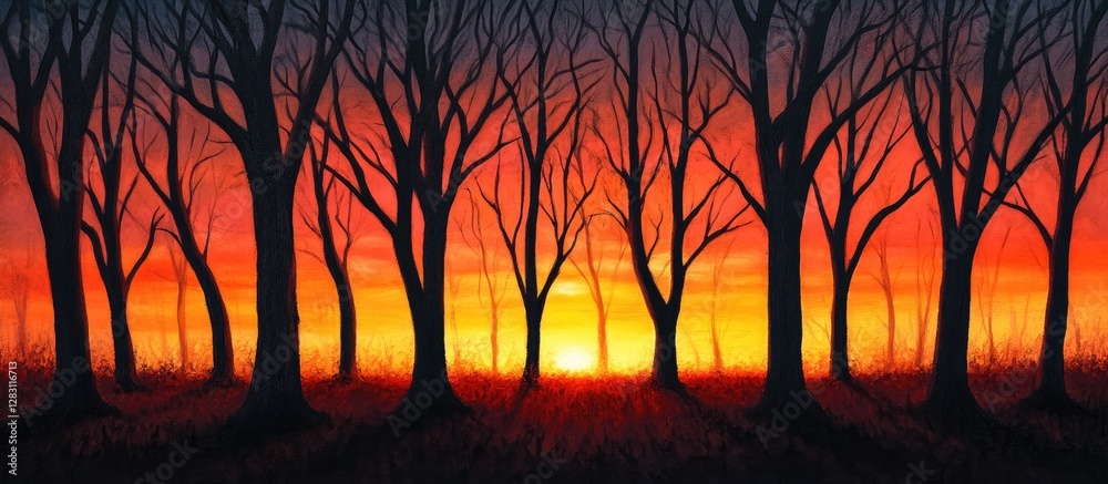 Poster Silhouetted trees against a vibrant orange and red sunset, creating a dramatic foreground with rich gradient colors in the background.