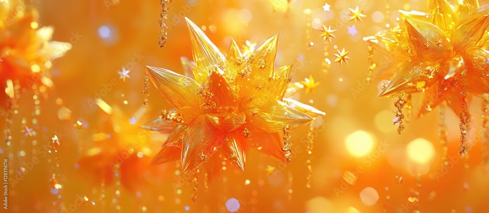 Leinwandbilder Abstract background featuring vibrant golden-yellow star shapes with soft bokeh lights in an orange gradient, creating a warm and festive atmosphere.