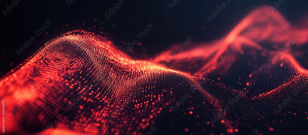 Poster dynamic abstract waveforms in red and orange tones flowing gracefully across a dark background creat