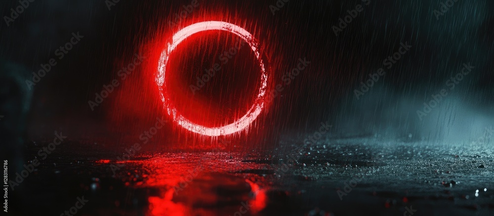 Poster red circular light illuminating a dark, wet surface with rain droplets against a pitch black night s