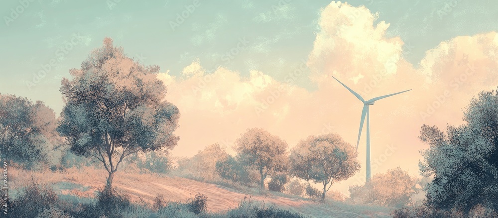 Aufkleber serene wind turbine surrounded by trees against a soft pastel sky with hues of pink and blue creatin