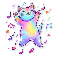 A colorful, cheerful cat dancing joyfully amidst floating musical notes.