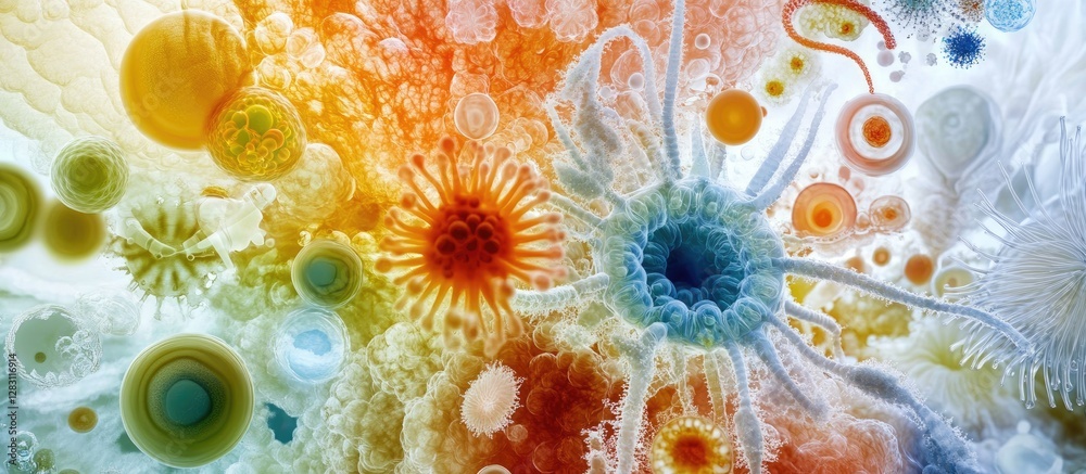 Poster Colorful abstract representation of microorganisms in vibrant hues of orange, blue, and green showcasing intricate details and textures in a dynamic composition