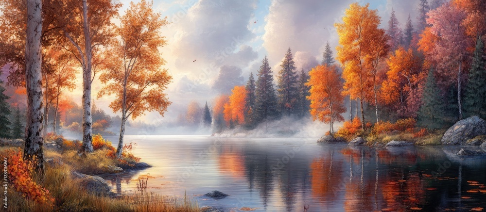 Aufkleber tranquil autumn lake scene with vibrant orange and yellow trees reflecting in calm water surrounded 