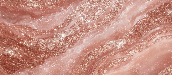 Fototapeta premium Rose gold marble texture featuring swirling patterns and sparkling glitter accents in soft pinks and golds, creating a luxurious, elegant background.