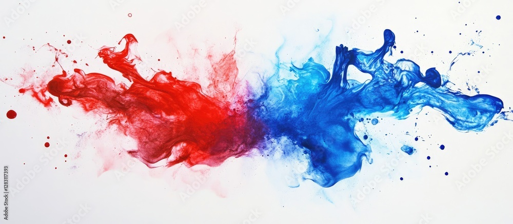 Poster dynamic event of red and blue paint splashes on a white background creating a vibrant contrast with 