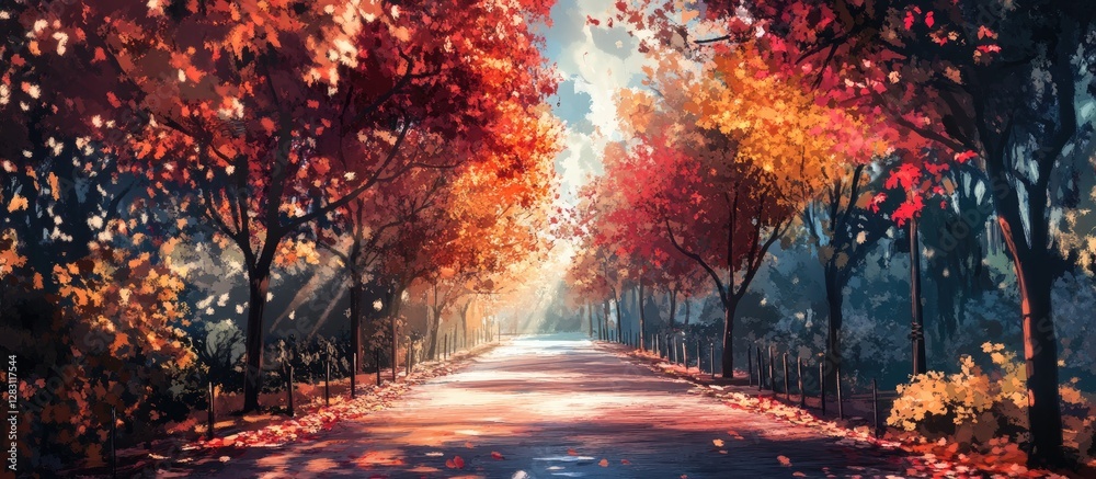 Aufkleber autumn park pathway lined with vibrant red and orange trees under gentle sunlight creating a warm ro