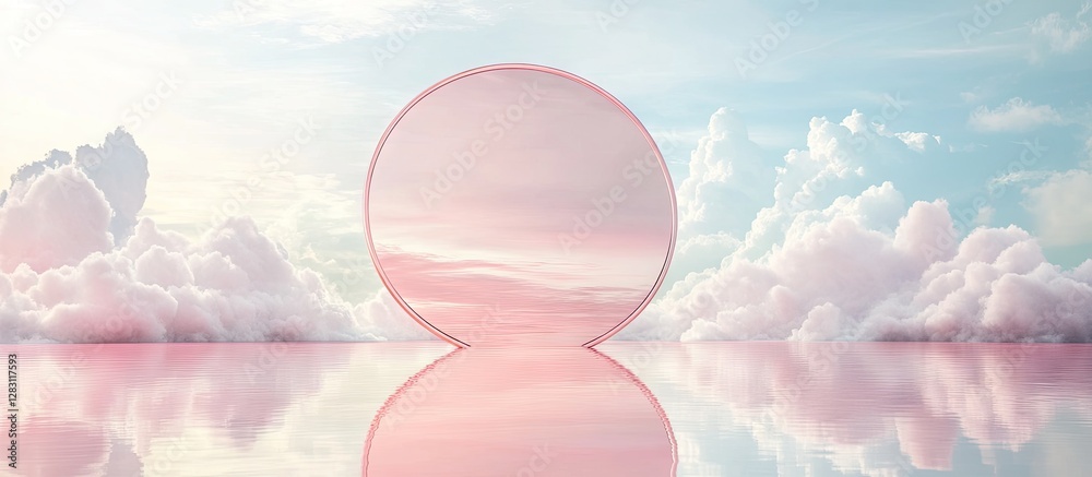 Poster Serene pastel landscape featuring a large translucent sphere centered against soft clouds under a blue sky, reflecting on a calm surface.