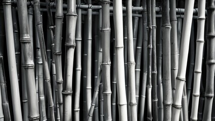 Black and white close-up of bamboo stalks arranged vertically creating a textured abstract pattern