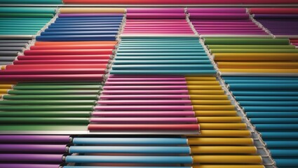 Colorful paper rolls arranged in an organized pattern showcasing various shades and hues for creative projects and design applications.