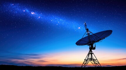 A stunning night sky showcases a satellite dish, with stars and the Milky Way illuminating the horizon as twilight sets in.