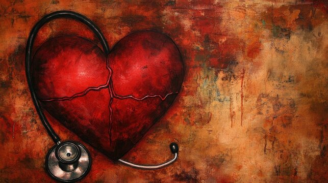 Red heart with stethoscope symbolizing heart health, health insurance, and organ donation.