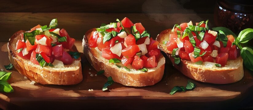 Bruschetta with diced tomatoes and basil on toasted baguette slices arranged on a wooden board with a warm, earthy color palette.