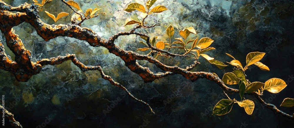 Aufkleber lime tree branch with detailed green leaves and textured bark illuminated against a dark background 