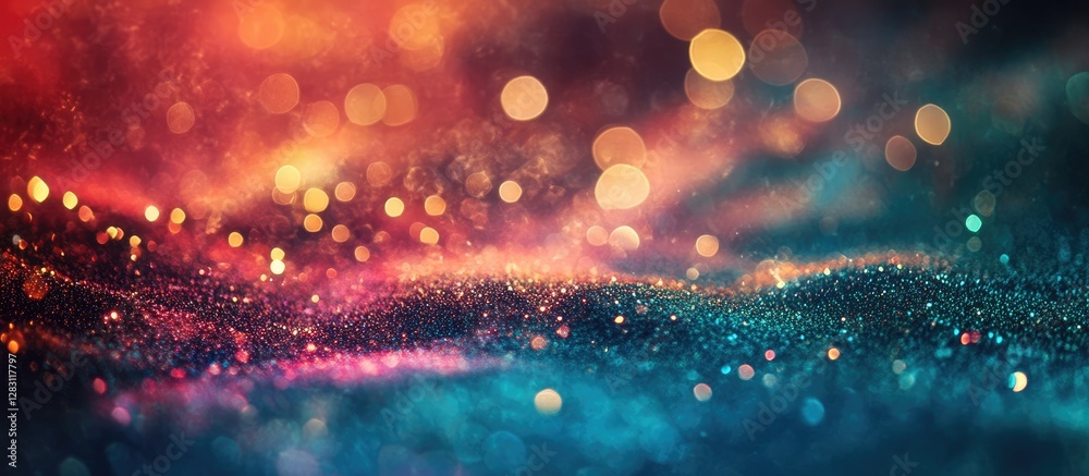 Aufkleber Colorful abstract background featuring golden and colorful sparkles with bokeh effects blending into deep blues and purples creating a magical glow.