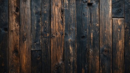 Naklejka premium Dark weathered wooden planks background with natural grain patterns and knots for texture and design purposes