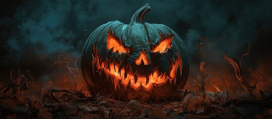 Spooky Halloween pumpkin with carved jack o lantern face glowing orange against dark misty background evokes an eerie atmosphere and Halloween spirit