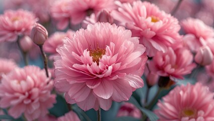 Pink floral arrangement with multiple blooming flowers and buds against a soft blurred background. Detailed view of petals and colors.
