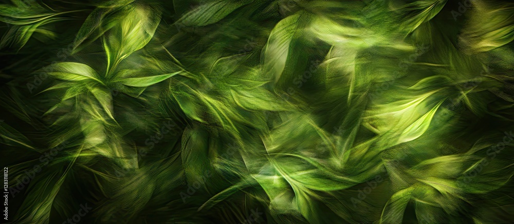 Poster vibrant green foliage with soft blurred edges illuminated by unique lighting creates a textured and 