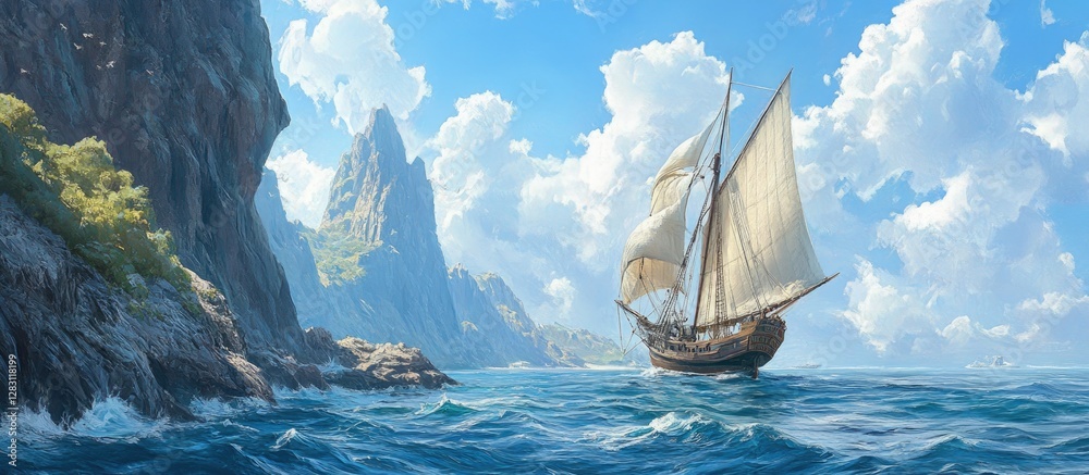 Poster a classic brigantine with full sails positioned on the left sails through a tranquil blue ocean unde