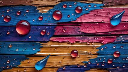 Colorful wooden surface with water droplets in various sizes and shapes reflecting light in a creative abstract compositional layout.