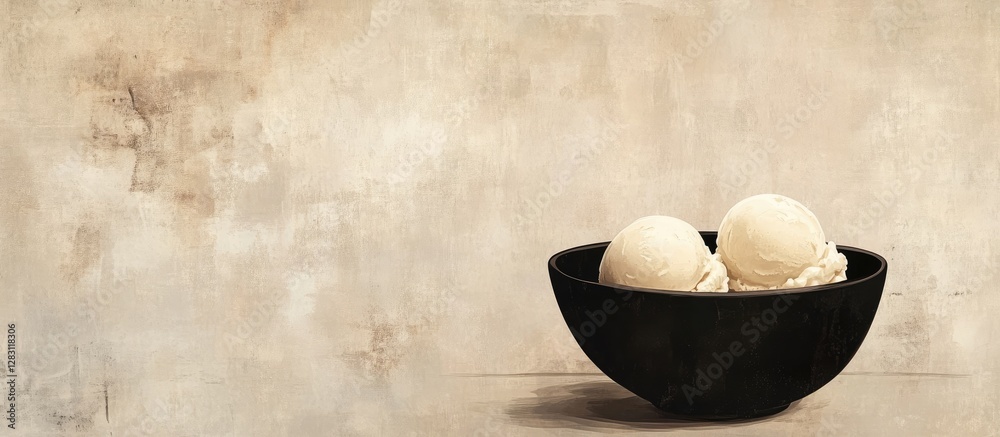 Poster creamy vanilla ice cream scoops in a stylish black bowl centered on a textured rustic cardboard back
