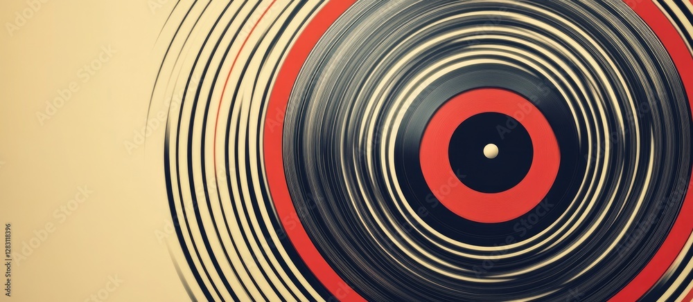 Poster stylized vinyl record with concentric circles in black and red on a beige backdrop, featuring a cent