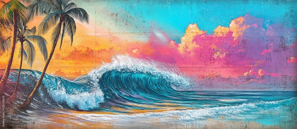 Poster colorful mural of a tranquil beach scene with crashing waves in vibrant blue and orange skies, featu