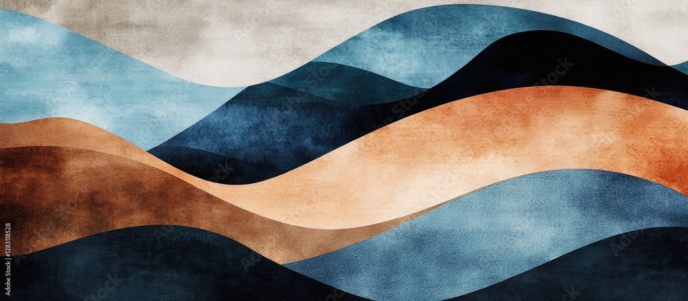 Poster abstract wavy landscape featuring shades of blue, brown, and cream with smooth curves blending seaml