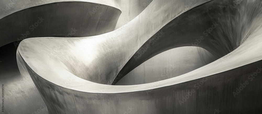 Poster Monochrome abstract architectural detail showcasing smooth, flowing curves with varying shades of gray creating depth and texture in the composition.