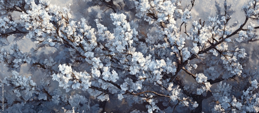 Poster Evergreen branches draped in snow with a frosty touch, displaying intricate details in shades of green, white, and gray, set against a soft background.