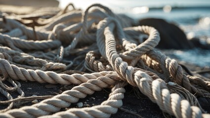 Fototapeta premium Close-up view of tangled natural fiber ropes on sandy beach with ocean waves in the background and soft sunlight illuminating the scene