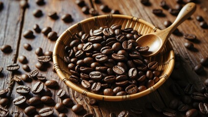 Fototapeta premium Freshly roasted coffee beans in a woven bowl with a wooden spoon on a rustic wooden surface with scattered beans around it.