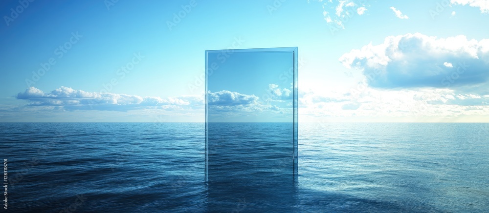 Aufkleber modern glass door stands open reflecting soft blue ocean hues and bright sky with clouds, creating a