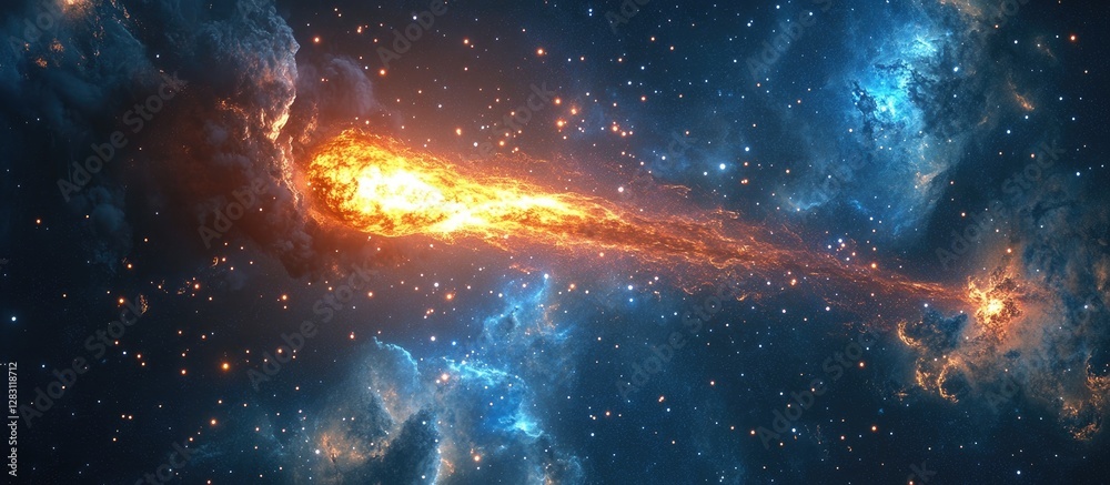 Poster vibrant cosmic scene showcasing a fiery orange comet cascading through a deep blue starry sky with s