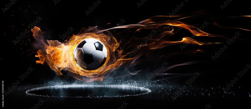 Aufkleber dynamic soccer ball with black and white pattern speeding towards a glowing goal net, framed by fier