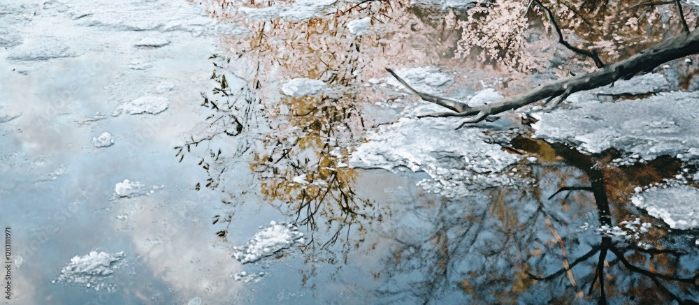 Aufkleber Ice floes on a river in spring reflecting colorful trees and soft clouds in water, showcasing nature's transition with subtle ripples and textures.