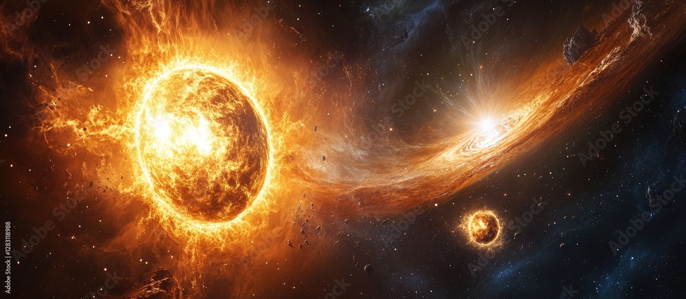 Poster explosive stellar dynamics in a vibrant cosmic scene featuring radiant golden stars and swirling neb